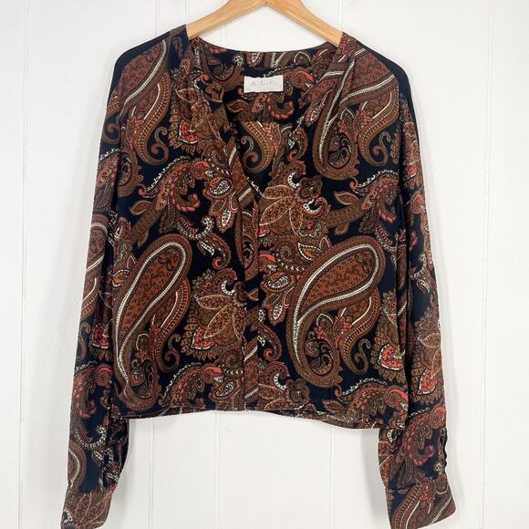 A.L.C. Racci Print Silk Blouse Sheer Long Sleeve Paisley Size Medium Brown Black - Picture 1 of 16